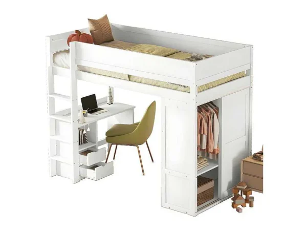 Shop Mezzaninebed 90X200Cm - Multifunctioneel Kinderbed - Voorzien Van Kledingkast En Bureau - In Massief Grenen - Wit Kinderbed Hoogslaper