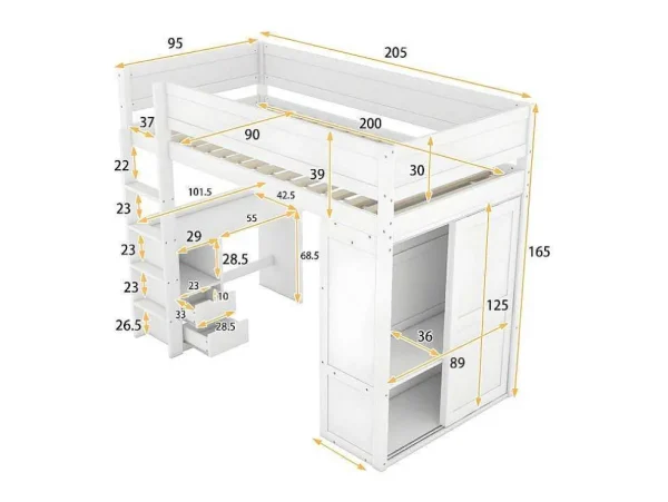 Shop Mezzaninebed 90X200Cm - Multifunctioneel Kinderbed - Voorzien Van Kledingkast En Bureau - In Massief Grenen - Wit Kinderbed Hoogslaper