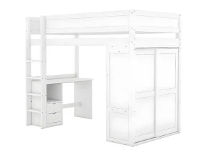 Shop Mezzaninebed 90X200Cm - Multifunctioneel Kinderbed - Voorzien Van Kledingkast En Bureau - In Massief Grenen - Wit Kinderbed Hoogslaper