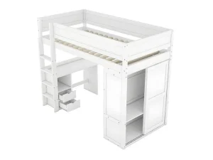 Shop Mezzaninebed 90X200Cm - Multifunctioneel Kinderbed - Voorzien Van Kledingkast En Bureau - In Massief Grenen - Wit Kinderbed Hoogslaper