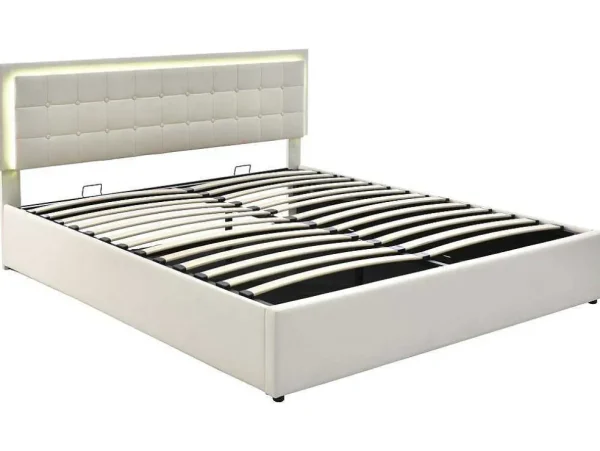 Hot Opbergbed 180 X 200 Cm - Pu Leer - Led'S - Lattenbodem - Wit Aanbiedingen: Slaapkamer & Kantoor