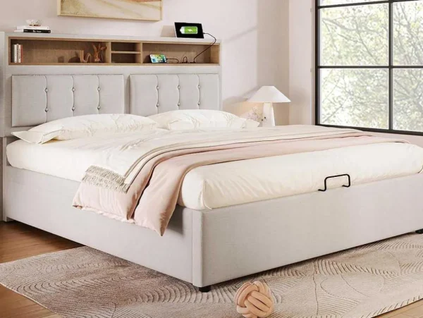 Clearance Opbergbed 160X200Cm In Linnenstof Met Usb-Poort - Verstelbaar Hoofdeinde En Lattenbodem - Beige Aanbiedingen: Slaapkamer & Kantoor