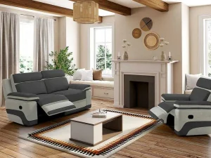 New Relax Driezitsbank + Fauteuil Van Microvezel Talca - Antraciet En Licht Grijs Set Zitbank + Fauteuil