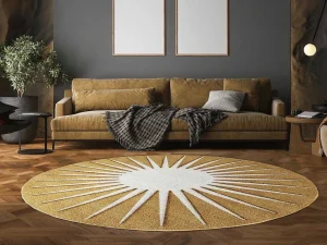 Store Rond Tapijt Zon Met Relief - D200 Cm - Mosterdgeel En Wit - Luminio Tapijt Rond