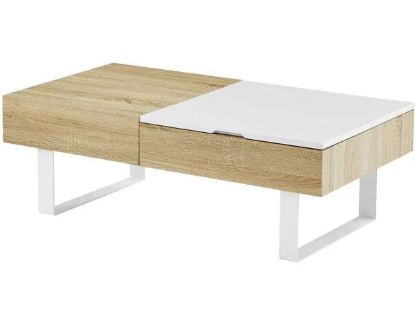 Best Salontafel Met Afneembaar Tafelblad En 1 Lade - Mdf En Staal - Naturel En Wit - Balun Salontafel