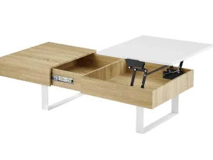 Best Salontafel Met Afneembaar Tafelblad En 1 Lade - Mdf En Staal - Naturel En Wit - Balun Salontafel