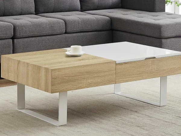 Best Salontafel Met Afneembaar Tafelblad En 1 Lade - Mdf En Staal - Naturel En Wit - Balun Salontafel