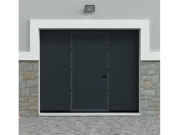 Outlet Sectionale Garagedeur - Gegroefd Effect - Centrale Loopdeur - Antraciet - Automatisch - Noria Garagedeur