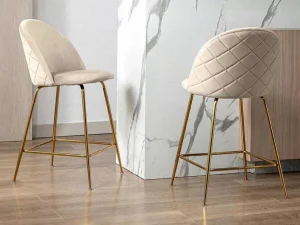 Clearance Set Van 2 Barkrukken Melbourne - Fluweel En Goudkleurig Metaal - Beige Barkruk