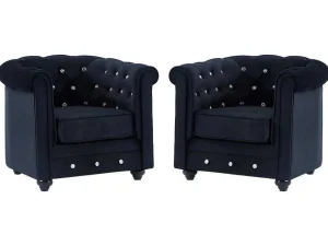 Best Set Van 2 Fauteuils Chesterfield - Fluweel - Zwart Met Kristallen Knopen Fauteuil Stof Fluweel / Suedine