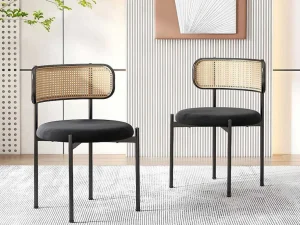 Shop Set Van 2 Fluwelen En Rotan Stoelen - Metalen Poten - Zwart Stoel