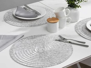 Cheap Set Van 6 Ronde Placemats Van Gevlochten Papier - Grijs En Wit - Fylat Textiel Voor Eettafel