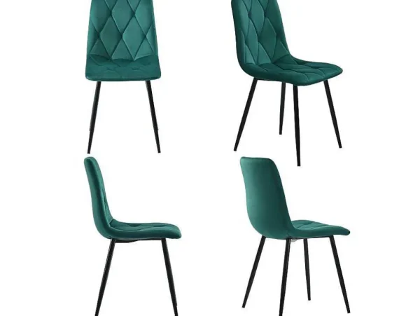 Best Sale Set Van 4 Velvet Stoelen - Metalen Structuur - Ruitpatroon - Groen Stoel