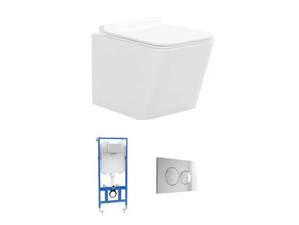 New Set Voor Witte Hang-Wc Met Voorwandsysteem En Chroomkleurige Ronde Bedieningsplaat - Clemona Hangend Toilet