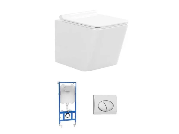 Clearance Set Voor Witte Hang-Wc Met Voorwandsysteem En Chroomkleurige Ovalen Bedieningsplaat - Clemona Hangend Toilet