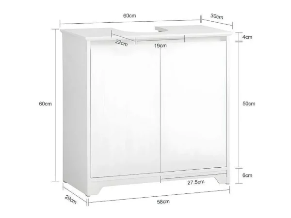 Outlet Badkamer Onder Aanrecht, Onder Aanrecht, Onder Wastafel, Aanrecht, Gootsteen Afdekking Met 2 Deuren, 60X30X60 Cm, Wit, Bzr108-Ii-W Wastafelmeubel
