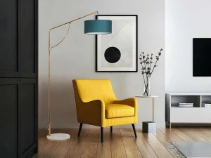 Store Staande Lamp Met Boog - Art-Decostijl Van Koper En Marmer - Velours - H164 Cm - Blauwgroen - Nour Staande Lamp