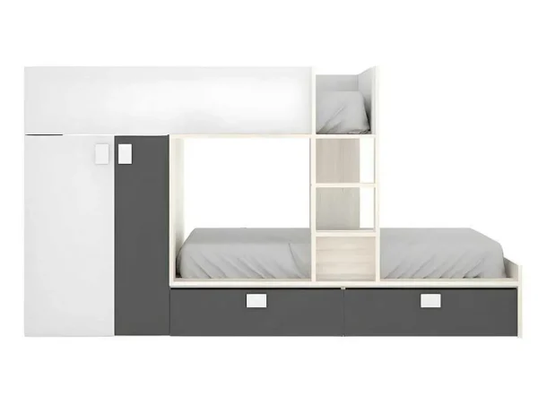 Online Stapelbed Juanito Met Ingebouwde Kast - 2 X 90 X 190 Cm - Wit, Eiken En Antraciet Kinderbed