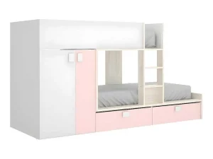 Discount Stapelbed Juanito Met Ingebouwde Kast En Opbergruimte - 2X90X190Cm - Wit, Eiken En Roze Kinderbed