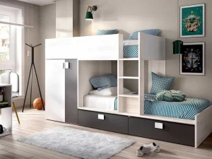 Online Stapelbed Juanito Met Ingebouwde Kast - 2 X 90 X 190 Cm - Wit, Eiken En Antraciet Kinderbed