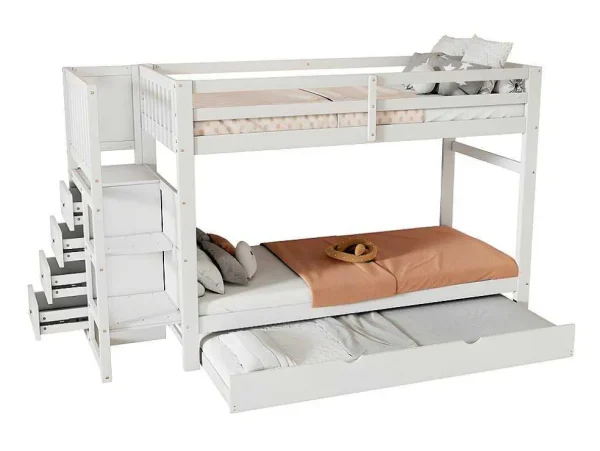 Online Stapelbed Met Onderschuifbed - Massief Grenenhout - 3X90X200 Cm - Opbergtrap Met 4 Lades - Veiligheidsbarrieres - Wit Kinderbed Stapelbed