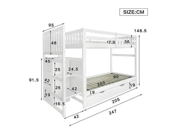 Online Stapelbed Met Onderschuifbed - Massief Grenenhout - 3X90X200 Cm - Opbergtrap Met 4 Lades - Veiligheidsbarrieres - Wit Kinderbed Stapelbed