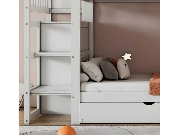 Online Stapelbed Met Onderschuifbed - Massief Grenenhout - 3X90X200 Cm - Opbergtrap Met 4 Lades - Veiligheidsbarrieres - Wit Kinderbed Stapelbed