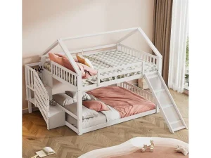 Flash Sale Stapelbedden 140 X 200 Cm - Mdf Hout - Opbergtrap En Glijbaan - Wit Kinderbed Stapelbed