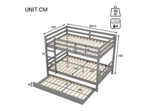 Fashion Stapelbedden 140 X 200 Cm Met Onderschuifbed 90 X 200 Cm - Balustrade En Trap - Mdf Hout - Grijs Kinderbed Stapelbed