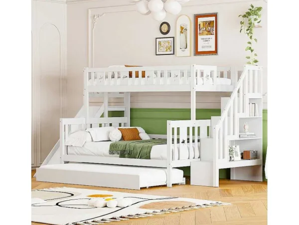 Online Stapelbedden Met Glijbaan En Planken, Onderschuifbed - 2 X 90 X 200 Cm + 140 X 200 Cm - Wit - Anthony Kinderbed Stapelbed