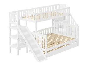 Online Stapelbedden Met Glijbaan En Planken, Onderschuifbed - 2 X 90 X 200 Cm + 140 X 200 Cm - Wit - Anthony Kinderbed Stapelbed