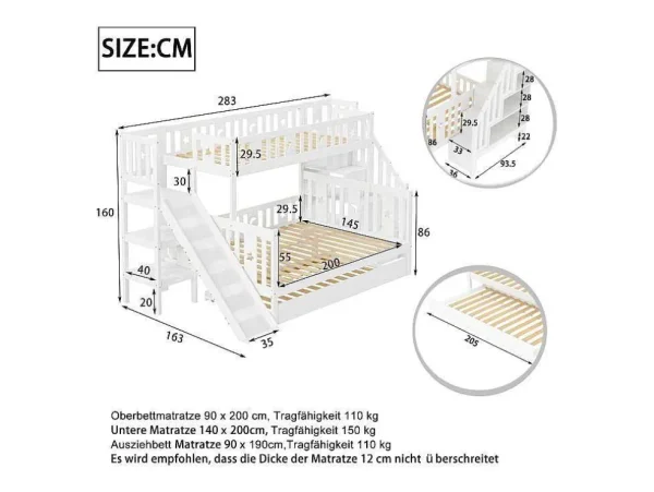 Online Stapelbedden Met Glijbaan En Planken, Onderschuifbed - 2 X 90 X 200 Cm + 140 X 200 Cm - Wit - Anthony Kinderbed Stapelbed