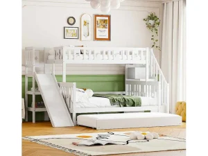 Online Stapelbedden Met Glijbaan En Planken, Onderschuifbed - 2 X 90 X 200 Cm + 140 X 200 Cm - Wit - Anthony Kinderbed Stapelbed