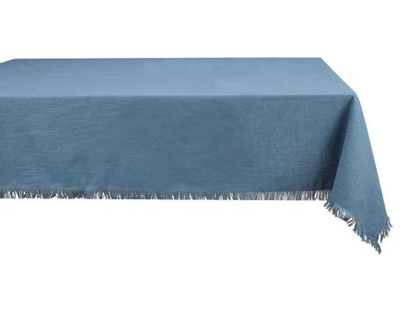 Sale Tafelkleed + 4 Servetten Met Franjes - Katoen - Blauw - 140 X 240 Cm - Pola Textiel Voor Eettafel