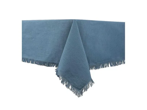 Sale Tafelkleed + 4 Servetten Met Franjes - Katoen - Blauw - 140 X 240 Cm - Pola Textiel Voor Eettafel