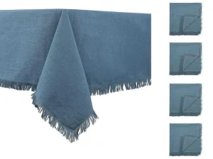 Sale Tafelkleed + 4 Servetten Met Franjes - Katoen - Blauw - 140 X 240 Cm - Pola Textiel Voor Eettafel