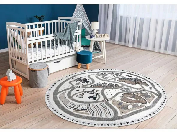 Fashion Tapijt Fun Land Voor Kinderen, Dorp, Straten, Wiel - Creme Cercle 140 Cm Tapijt Rond