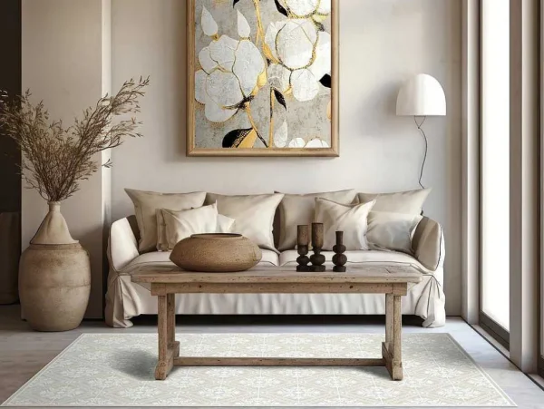 Best Tapijt Van Vinyl Met Cementtegeleffect - 120 X 180 Cm - Beige En Wit - Majesti Tapijt Van Vinyl