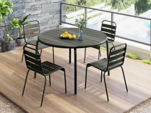 Discount Tuineethoek Van Metaal - Een Tafel D110 Cm En 4 Opstapelbare Stoelen - Donkergrijs - Mirmande Tuinset