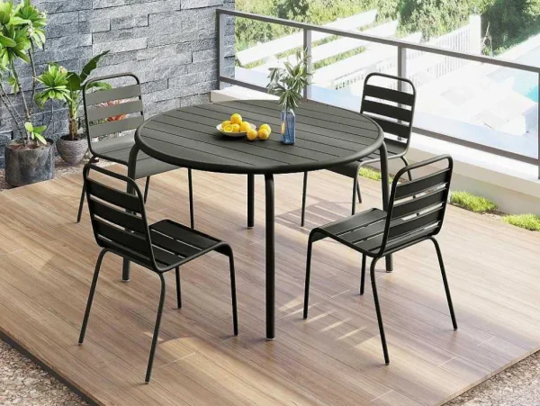 Discount Tuineethoek Van Metaal - Een Tafel D110 Cm En 4 Opstapelbare Stoelen - Donkergrijs - Mirmande Tuinset