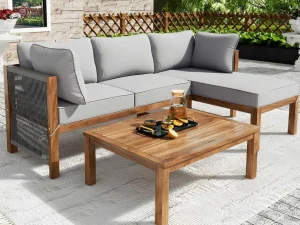 Store Tuinmeubelen In Acaciahout En Grijs Touw - 2 Zitbanken En 1 Salontafel - Verstelbare Poten - Grijs & Naturel Loungeset