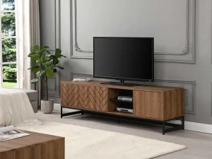 Sale Tv-Meubel Met 3 Deuren En 2 Nissen - Mdf - Naturel En Zwart - Caratana Tv-Meubel