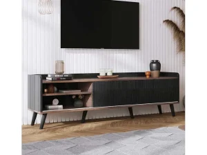 Clearance Tv-Meubel Met 2 Lades En 2 Schuifdeuren - Moderne Stijl - Kleuren: Zwart En Naturel Tv-Meubel