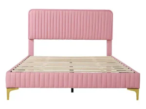 Store Tweepersoonsbed Gestoffeerd In Kunstleer 140X200Cm - In Hoogte Verstelbaar Hoofdbord - Met Lattenbodem - Roze (Zonder Matras) Tweepersoonsbed