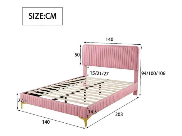 Store Tweepersoonsbed Gestoffeerd In Kunstleer 140X200Cm - In Hoogte Verstelbaar Hoofdbord - Met Lattenbodem - Roze (Zonder Matras) Tweepersoonsbed