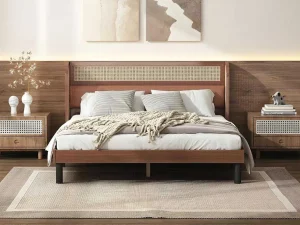 Outlet Tweepersoonsbed 160X200Cm - Met Kunstleer En Pvc Rotan Kussens - Met Houten Lattenbodem - Bruin Tweepersoonsbed