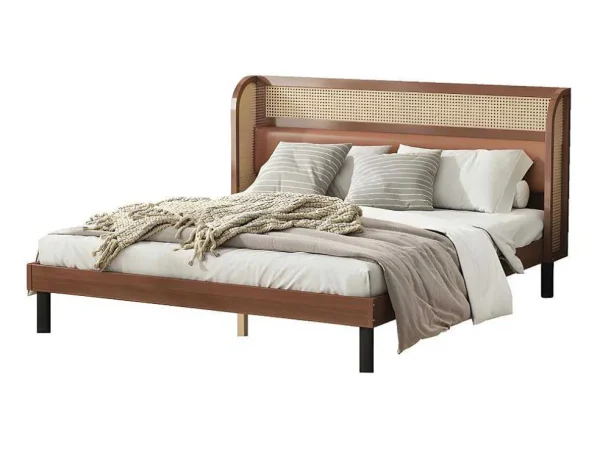 Outlet Tweepersoonsbed 160X200Cm - Met Kunstleer En Pvc Rotan Kussens - Met Houten Lattenbodem - Bruin Tweepersoonsbed