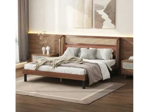 Outlet Tweepersoonsbed 160X200Cm - Met Kunstleer En Pvc Rotan Kussens - Met Houten Lattenbodem - Bruin Tweepersoonsbed