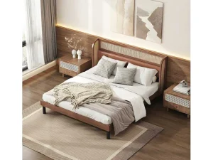 Outlet Tweepersoonsbed 160X200Cm - Met Kunstleer En Pvc Rotan Kussens - Met Houten Lattenbodem - Bruin Tweepersoonsbed