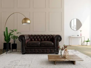 Outlet Tweezitsbank Chesterfield Brenton 100% Buffelleer - Bruin Tinten Tweezitsbank
